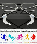 Soft Silicone Eyeglass Ear Hooks 10 Pairs Clear Anti Slip Grips For Glasses shown on black metal frames