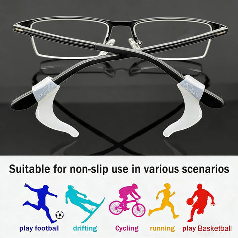 Soft Silicone Eyeglass Ear Hooks 10 Pairs Clear Anti Slip Grips For Glasses shown on black metal frames