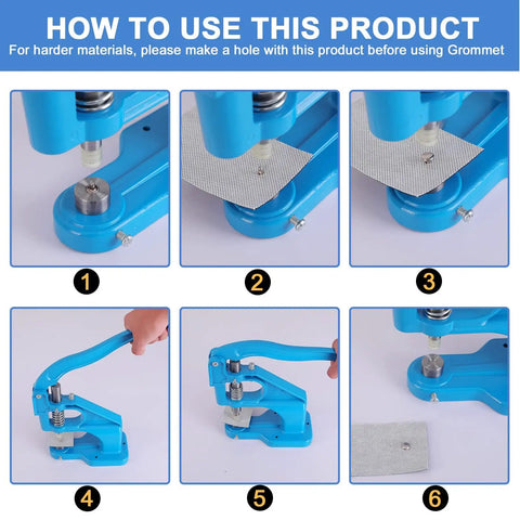 Instructional image showing how to use the Heavy Duty Hand Press Grommet Machine Kit With 5 Dies And 300 Grommets And Eyelet Punch Tool