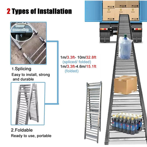 Foldable Stainless Steel Conveyor Belt System For Light Duty Use Unpowered Roller Conveyor For Trucks Factories Warehouses And Docks 23.6 Inch Wide By 19.6 Feet Long Portable Workhorse Built To Move Easy, shown with splicing and foldable setup
