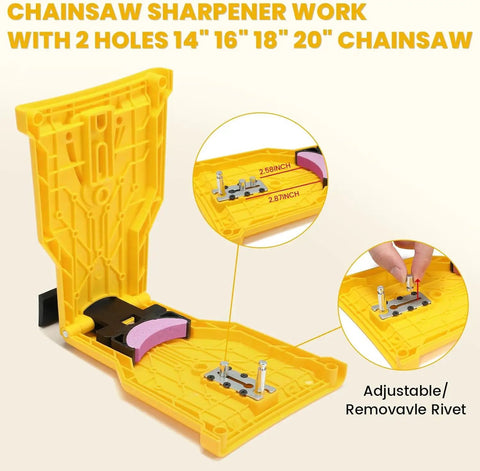 Universal Chainsaw Sharpener Kit With 12 Sharpening Stones And One Preinstalled Stone open view showing adjustable pins for 14-20 inch bars