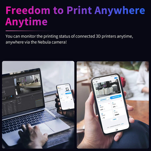 Nebula Camera For 3D Printers With Night Vision And 24 Hour Monitoring Real Time Printing Monitoring Via USB Connection Compatible With Sonic Pad Nebula Pad Ender 3 V3 KE Ender 3 V3 Plus And CR 10 SE, shown in use on laptop and smartphone.
