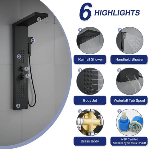 Slick Matte Black 4 In 1 Shower Panel Tower Featuring Killer Massage Jets Rainfall Head And Handheld Wand For A Game Changing Modern Bathroom Upgrade Setup