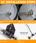 Heavy Duty 36 Inch Rolling Magnetic Sweeper With Quick Release Handle installation steps showing wheel and adjustable handle details.