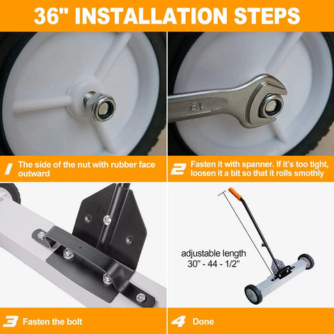 Heavy Duty 36 Inch Rolling Magnetic Sweeper With Quick Release Handle installation steps showing wheel and adjustable handle details.
