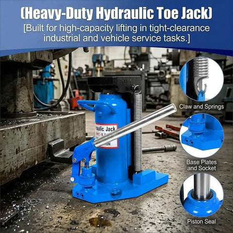 Heavy Duty Air Hydraulic Toe Jack Handles Rock Solid 20 Ton Top Lift Loads And Smooth 10 Ton Toe Raises For Low Clearance Equipment in shop.