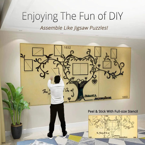 Love Family Tree Photo Frame Collage 3D DIY Acrylic Wall Decor installation with stencil guide in living room, showcasing design.