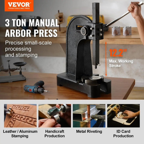 Heavy Duty Three Ton Manual Arbor Press Cast Iron Desktop Press With Smooth Twelve Point Two Inch Stroke Crafted For Jewelry Stamping Leather Crafting And Metal Forming Jobs Running With No Sweat
