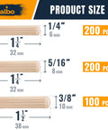 Product size chart of Top Shelf Kiln Dried Birch Dowel Pins showing 1/4", 5/16", and 3/8" sizes with counts.
