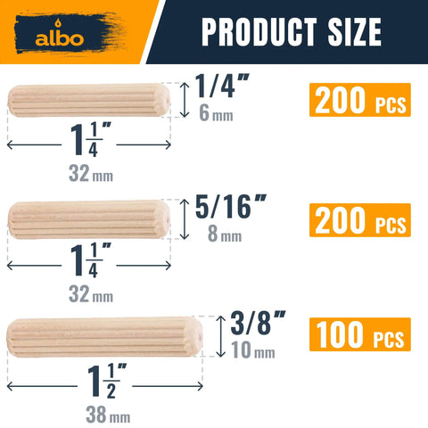 Product size chart of Top Shelf Kiln Dried Birch Dowel Pins showing 1/4", 5/16", and 3/8" sizes with counts.
