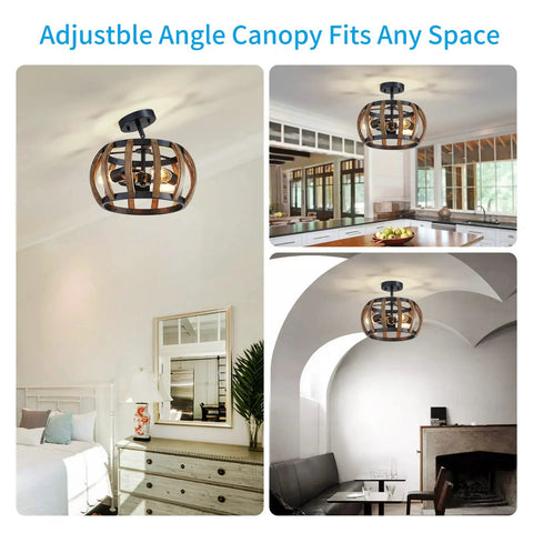 Dope Black Farmhouse Ceiling Light Fixture with wood grain metal, 3-light drum semi-flush mount in rooms showcasing versatility.