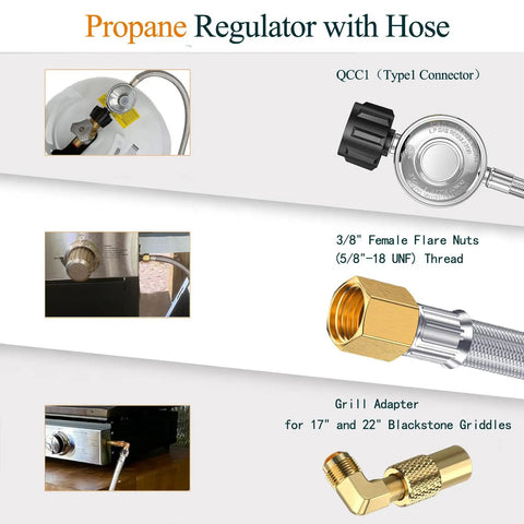 Diagram showing parts of 5 Foot Propane Regulator And Hose With 90 Degree Elbow Adapter For Blackstone 17 Inch And 22 Inch Tabletop Griddles.