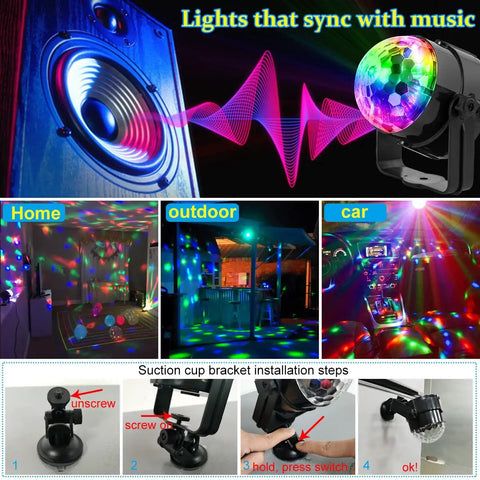 Sound Activated DJ Light With Colorful LED Strobe Beams, showcasing indoor and outdoor uses with installation steps.