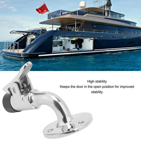 Marine 316 stainless steel 90° door stopper catch with mounting flange installed on a yacht