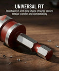 Close-up of Premium Countersink Drill Bit Set With 82 Degree, Five Flutes, Quick Change Hex Shank on wood surface