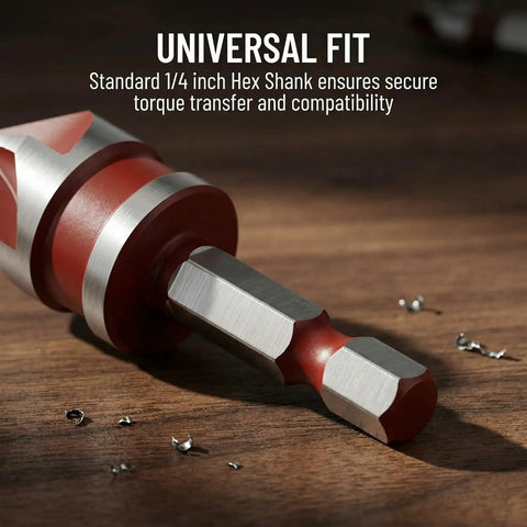 Close-up of Premium Countersink Drill Bit Set With 82 Degree, Five Flutes, Quick Change Hex Shank on wood surface