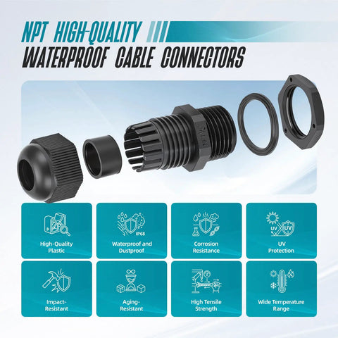 Lock In A Watertight Shield With This 12-Pack Of 1/2 Inch NPT Cable Glands Featuring A Bulletproof IP68 Seal That Keeps Dampness From Creeping In. Crafted From Flame-Retardant Nylon To Beat UV Rays, Acid, And Chemicals While Delivering Pro-Level Strain, showcasing parts of waterproof cable connectors including nuts and seals.