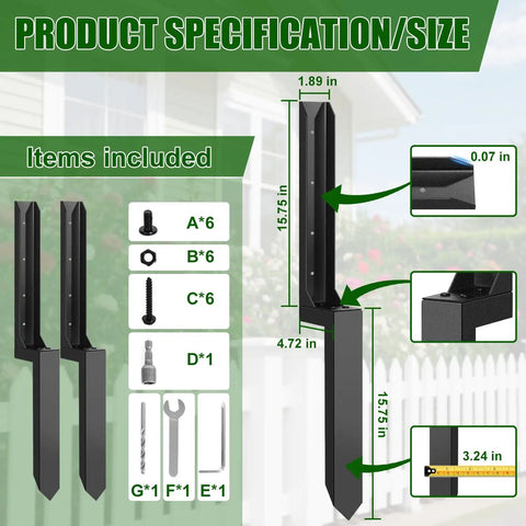 2 Pack Fence Post Repair Kit With Heavy Duty Metal Ground Stakes shown with product specifications and included tools