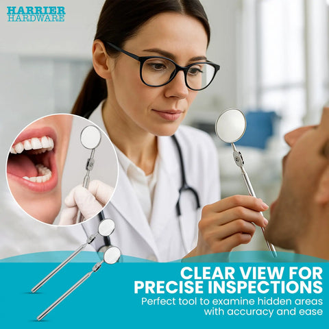 Dentist using telescoping mirror for mouth inspection, focus on Two Pack Telescoping Inspection Mirrors Extendable From 5 To 21 Inches.