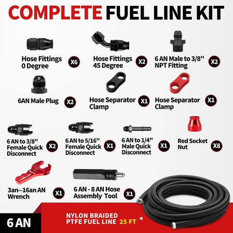 6AN 25 Ft PTFE Fuel Line Kit For LS Swap EFI E85 Nylon Stainless Steel Braided Fuel Hose With AN6 Fittings and Tools