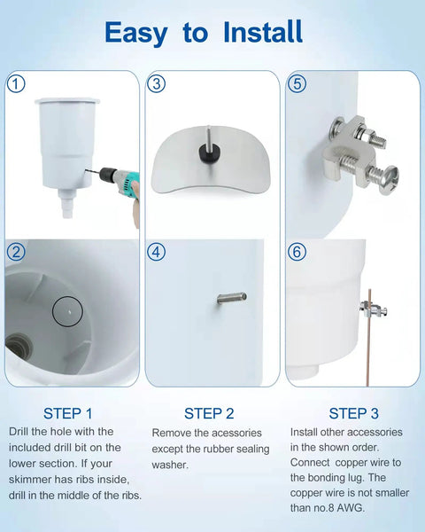 Installation steps for Above Ground Pool Water Bonding Kit For Skimmers with detailed instructions and components shown