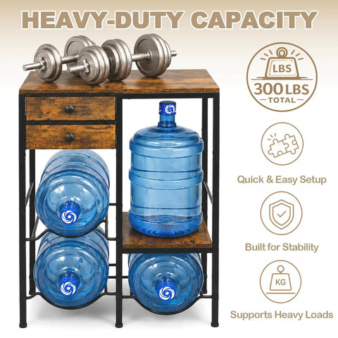 5 Gallon Water Jug Holder With 4 Slots Sturdy Water Dispenser Stand With Drawers And Wood Shelves shown with water jugs and dumbbells