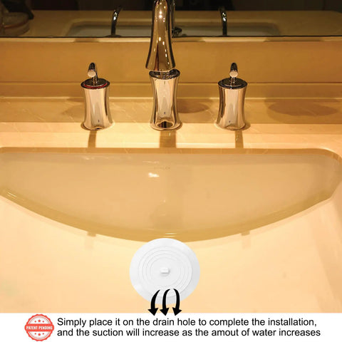 Slick Six Inch Silicone Tub Stopper Two Pack Soft Drain Plug Hair Catcher placed on a bathroom sink drain, showing installation ease.
