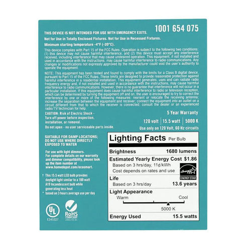 Back of package for 8-Pack LED Light Bulbs A19 100 Watt Equivalent 1680 Lumens 5000K Daylight E26 Base with lighting facts
