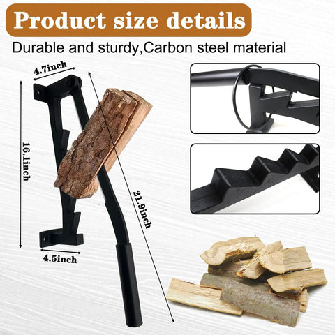 Wall Mount Firewood Splitter for Indoor and Outdoor Use, shown with measurements and carbon steel build for kindling