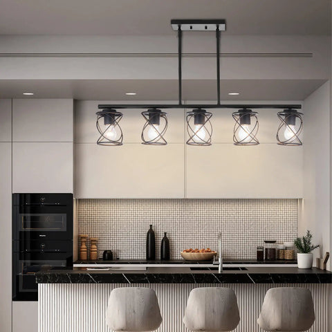 Five Light UL Certified Farmhouse Linear Pendant Light In Black Metal Adjustable Kitchen Island Fixture above modern kitchen island