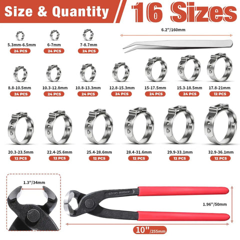 Big 300Pcs 16 Size Single Ear Hose Clamps Set Stainless Steel 304 Crimp Cinch Rings For Automotive, Plumbing And Pipe DIY Repairs