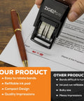 Top Tier Self Inking Date Stamp With Smooth Rotating Wheels And Refillable Red Ink Pad Built Tough For The Daily Grind, showing date stamp on paperwork.