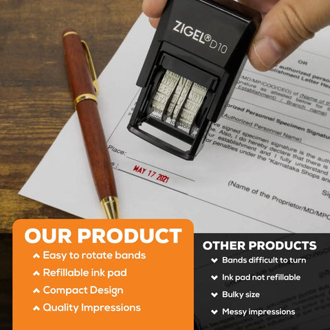 Top Tier Self Inking Date Stamp With Smooth Rotating Wheels And Refillable Red Ink Pad Built Tough For The Daily Grind, showing date stamp on paperwork.