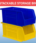 Blue 12 Pack Stackable Plastic Storage Bins For Home And Garage Organization, Space Saving Bins For Pantry, Craft Room, Closet And More, Each Bin Holds Up To 30 Pounds, 10.5 In Long By 5.5 In Wide By 5 In High, showing front view of stacked blue and yellow bins.