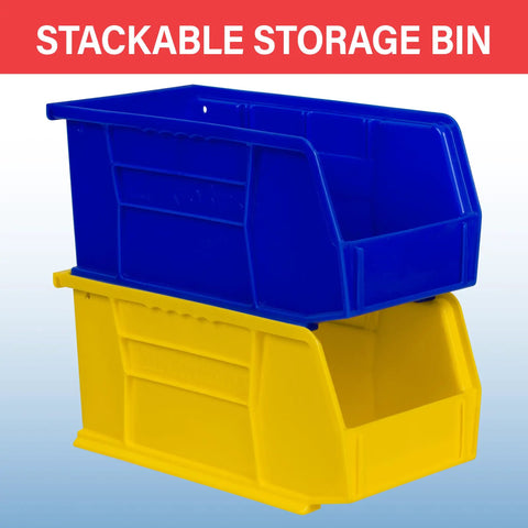Blue 12 Pack Stackable Plastic Storage Bins For Home And Garage Organization, Space Saving Bins For Pantry, Craft Room, Closet And More, Each Bin Holds Up To 30 Pounds, 10.5 In Long By 5.5 In Wide By 5 In High, showing front view of stacked blue and yellow bins.