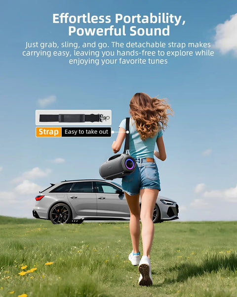 Person carrying 200W Peak Portable Bluetooth Speaker with Deep Bass, IP65 Waterproof, showcasing strap in outdoor setting