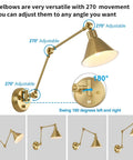 Brushed Brass Plug In Wall Sconce With Remote, Dimmable LED, Swing Arm, Adjustable Color Temperature 2700K To 6500K