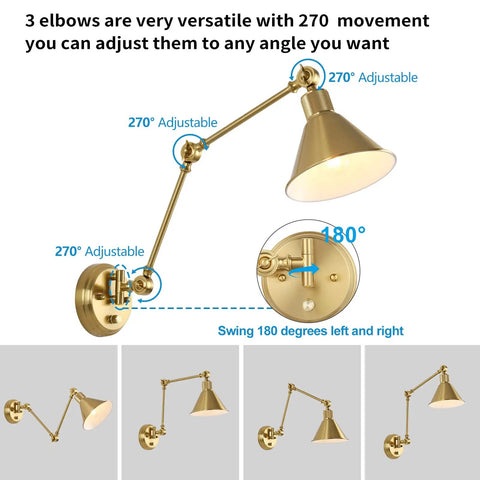 Brushed Brass Plug In Wall Sconce With Remote, Dimmable LED, Swing Arm, Adjustable Color Temperature 2700K To 6500K