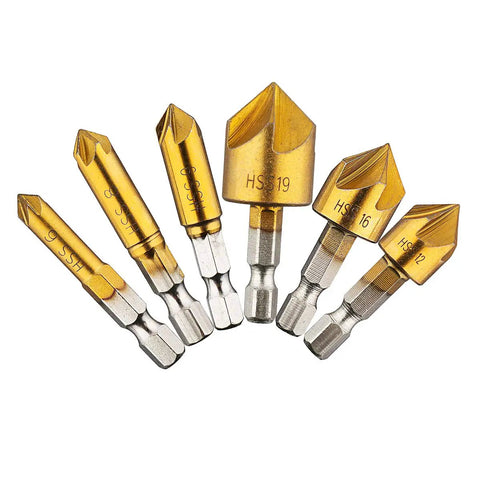 Six Piece Countersink Drill Bit Set With One Quarter Inch Hex Shank HSS Pro Grade Five Flute Countersinks For Wood From Six To Nineteen Millimeters