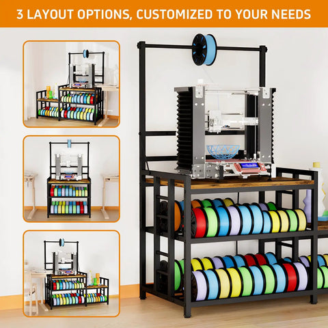 Heavy Duty 3D Printer Desk With Knockout Filament Storage Rack And Plug And Play Power Outlet, Dual Print Station For Abs Pla Tpu Spools, Boss Level Organization For Streamlined Workflows, Sturdy Wood Cabinet Setup In Classic Retro Brown