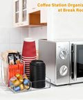 Clear Acrylic Coffee Cup Holder For Countertop With Three Compartments For Cups Lids Straws Pods Sugar Packets And Tea Bags A Handy Coffee Bar Organizer For Kitchen Counters next to microwave