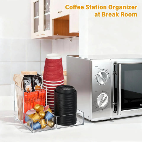 Clear Acrylic Coffee Cup Holder For Countertop With Three Compartments For Cups Lids Straws Pods Sugar Packets And Tea Bags A Handy Coffee Bar Organizer For Kitchen Counters next to microwave