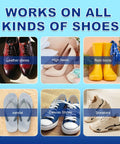 Image showing types of shoes: leather shoes, high heels, rain boots, sandals, canvas shoes, sneakers, repaired with Fast Set Sole Repair Adhesive For Sneakers Boots Heels And Sandals Shoe Waterproof Glue That Quickly Patches Cracks And Worn Areas On Rubber And Canvas 1.06 Oz.