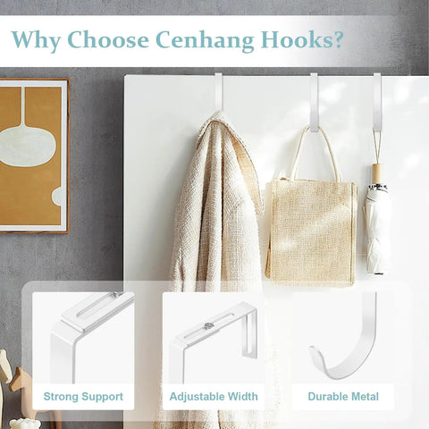 Heavy Duty Adjustable Over Door Hooks, Premium Metal Coat Hangers Built Tough, showing adjustable hook details and usage.