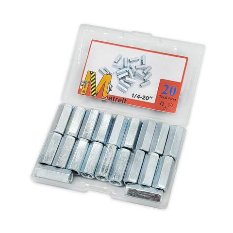 Twenty Pack One Quarter Inch Twenty Thread Hex Coupling Nuts Zinc Plated Heavy Duty Extended Hexagon Rod Connectors packaging