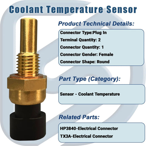 Engine coolant temperature sensor with brass threaded body and black plastic connector (front view)