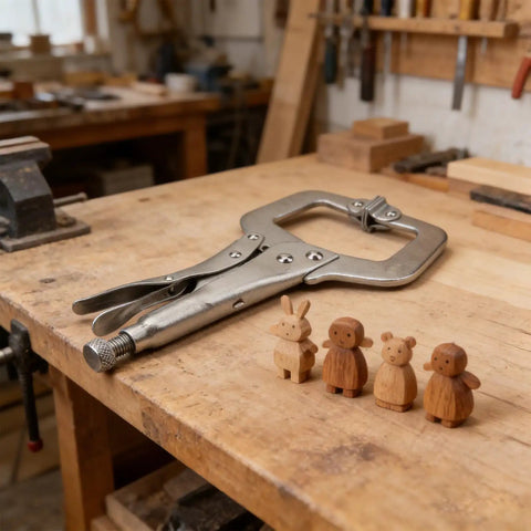 11 Inch Large C Clamp Locking Pliers Set With Swivel Pads on woodworking bench with wooden figurines