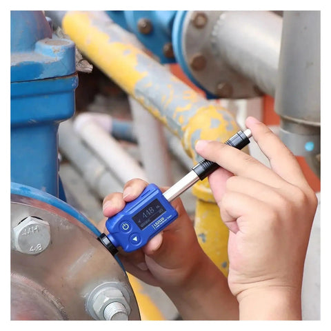 Digital Portable Leeb Hardness Tester For Aluminum Alloy Steel Built Like A Tank Metal Durometer Gauge measuring on metal surface.