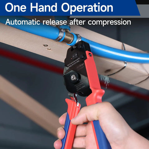 All-In-One PEX Cinch Tool Kit With Remover No-Fuss One-Hand Crimping Tool used on blue pipe clamp installation