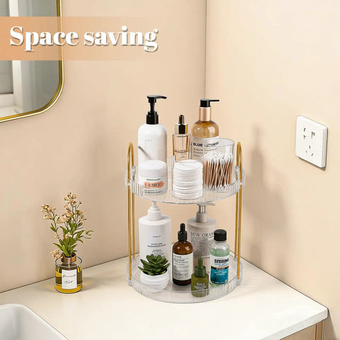 360 Degree Rotating Makeup Organizer Two Tier No Brainer Large Capacity Tray For Dresser And Vanity Spinning Lazy Susan Style Storage For Skincare And Perfume On Bathroom Counter Or Kitchen Clear with toiletries organized.